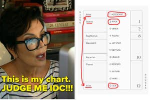 Kris Jenner looking shocked at a Co—Star astrological chart
