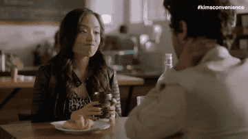 GIF of Janet from Kim&#x27;s Convenience saying &quot;I don&#x27;t want regrets&quot; while tapping coffee cup