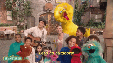animated gif of Jason Mraz, kids, and muppets on sesame street singing &quot;let&#x27;s go outdoors!&quot;