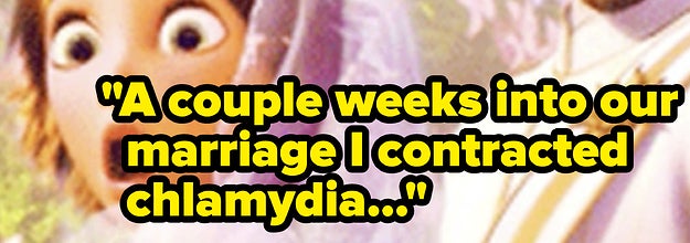 Animated couple at altar looking shocked behind