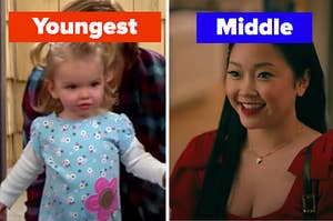 A toddler is on the left labeled, "Youngest" with Lara Jean on the right labeled, "Middle"