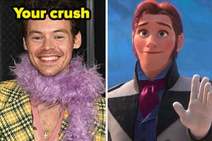 Harry Styles is on the left labeled, "Your crush" with Hans holding up his hand on the right