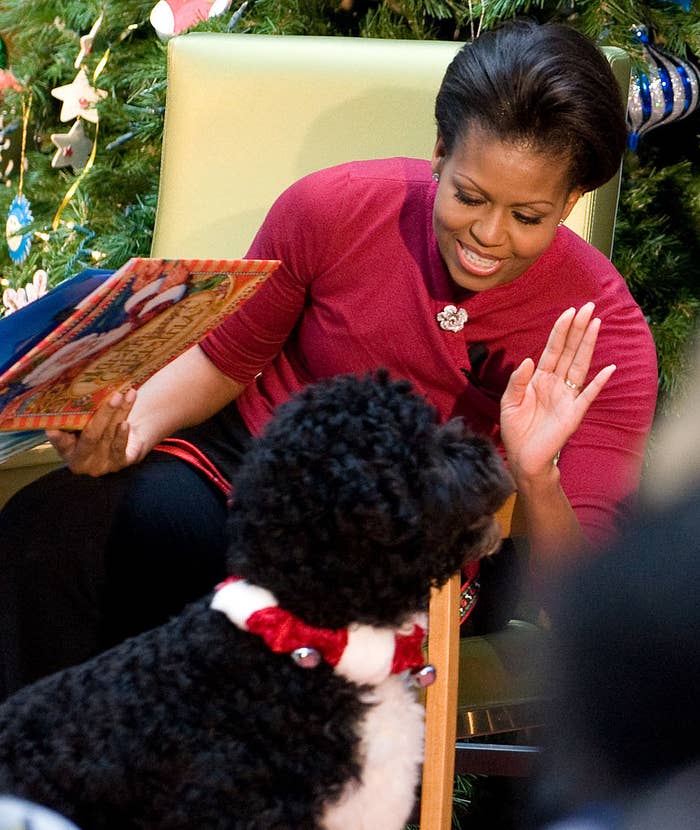 Mrs. Obama reading a children's book as Bo walks by
