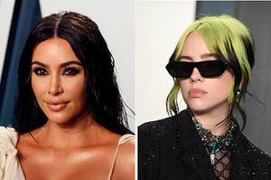 Kim Kardashian is on the left with Billie Eilish on the right