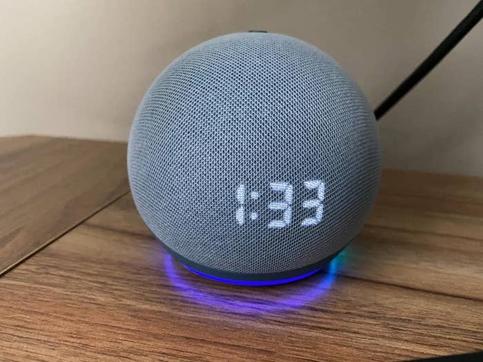 Review photo of the twilight blue Echo Dot speaker