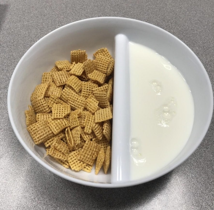 reviewer image of white bowl with middle divider down center of bowl separating chex cereal on one side of divider and milk on other side of the divider so they don't touch