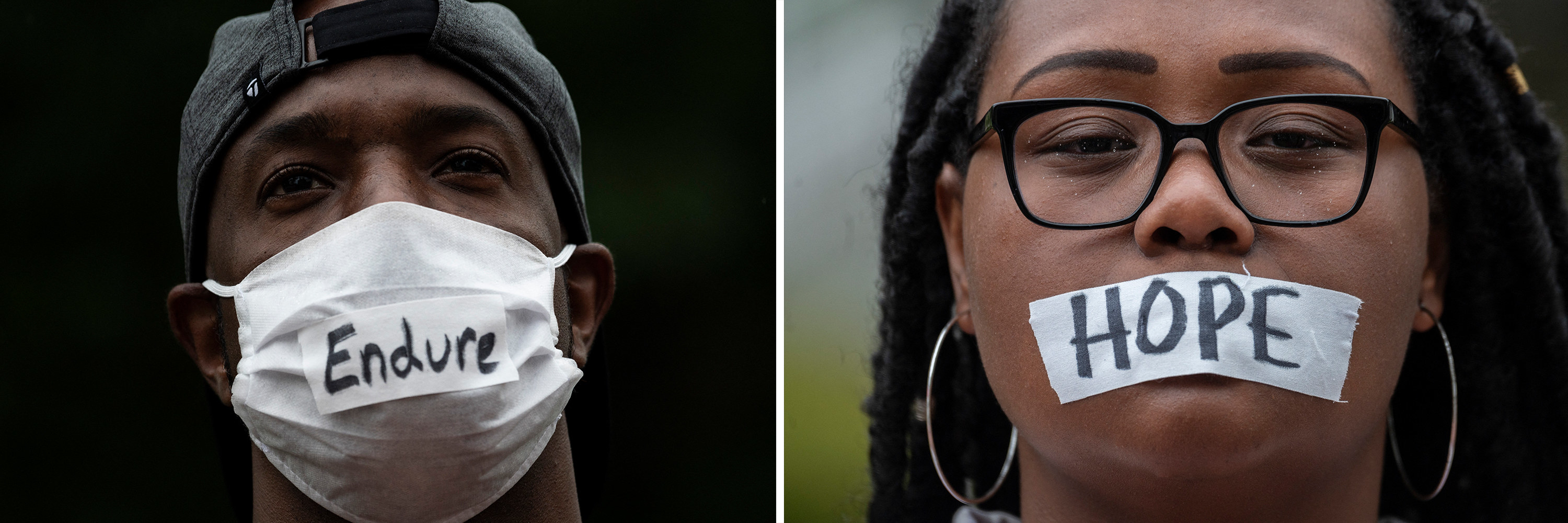 A man with the word endure on his mask and a woman with the word hope written on tape across her mouth