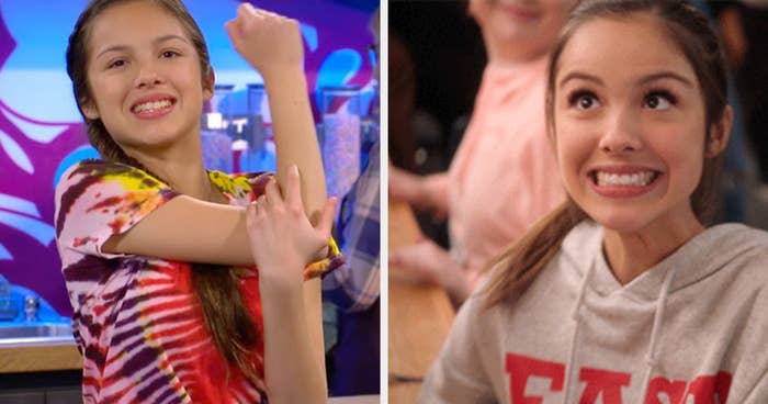 a young Olivia in Bizaardvark beside her making a funny face in the new high school music series