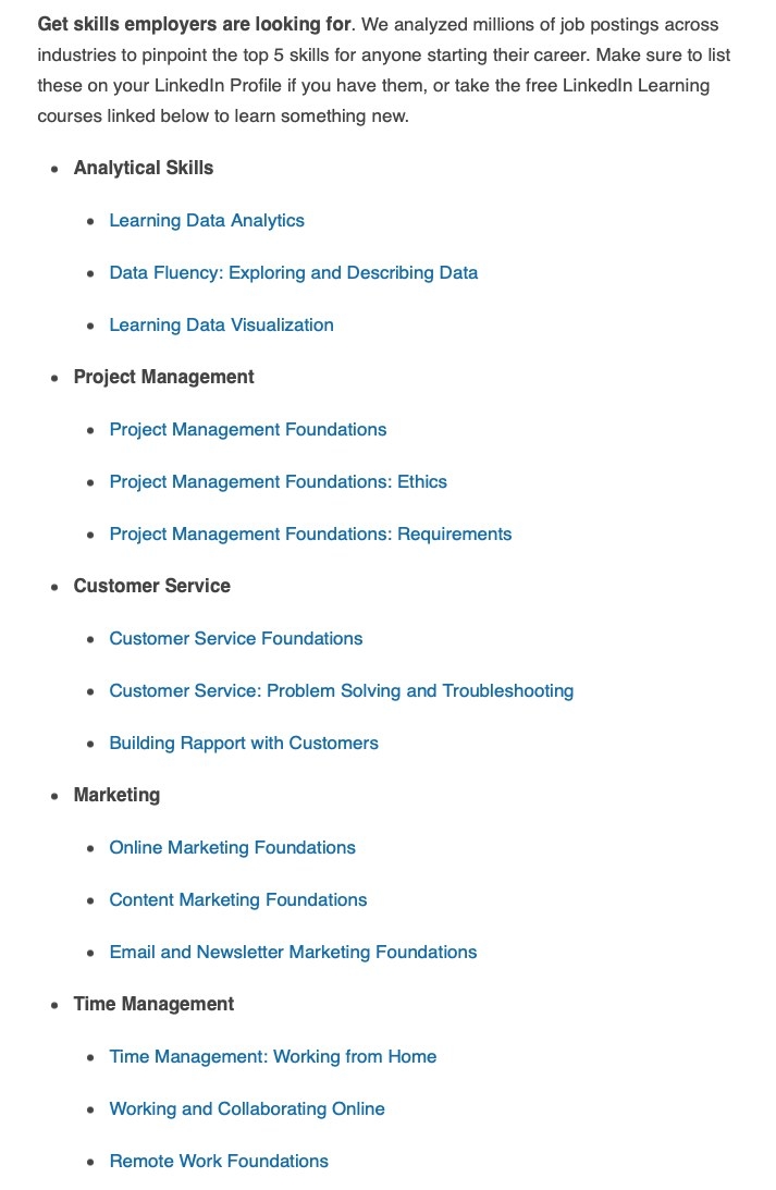Screenshot of valuable skills including time management, content marketing, project management, and data analysis