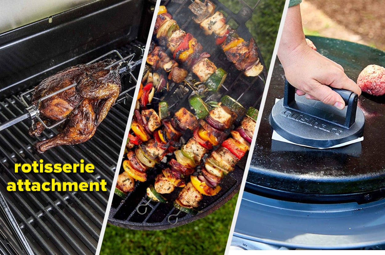 rotisserie chicken, skewers, and burger press