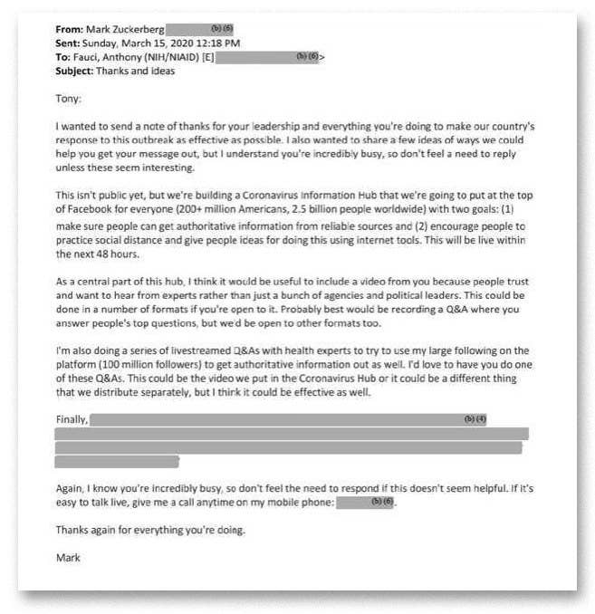 An email from Facebook CEO Mark Zuckerberg to Anthony Fauci