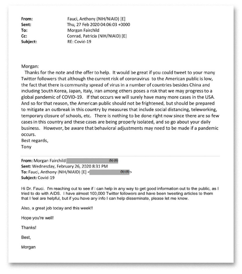 An email from Morgan Fairchild to Anthony Fauci