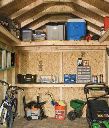 the inside of the shed with various storage options