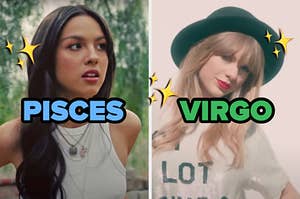 On the left, Olivia Rodrigo in the "Deja Vu" music video labeled "Pisces," and on the right, Taylor Swift in the "22" music video labeled "Virgo" with sparkle emojis placed around