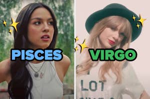 On the left, Olivia Rodrigo in the "Deja Vu" music video labeled "Pisces," and on the right, Taylor Swift in the "22" music video labeled "Virgo" with sparkle emojis placed around
