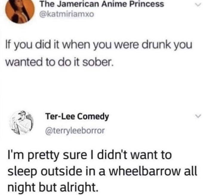 drunk person who slept in a wheelbarrow