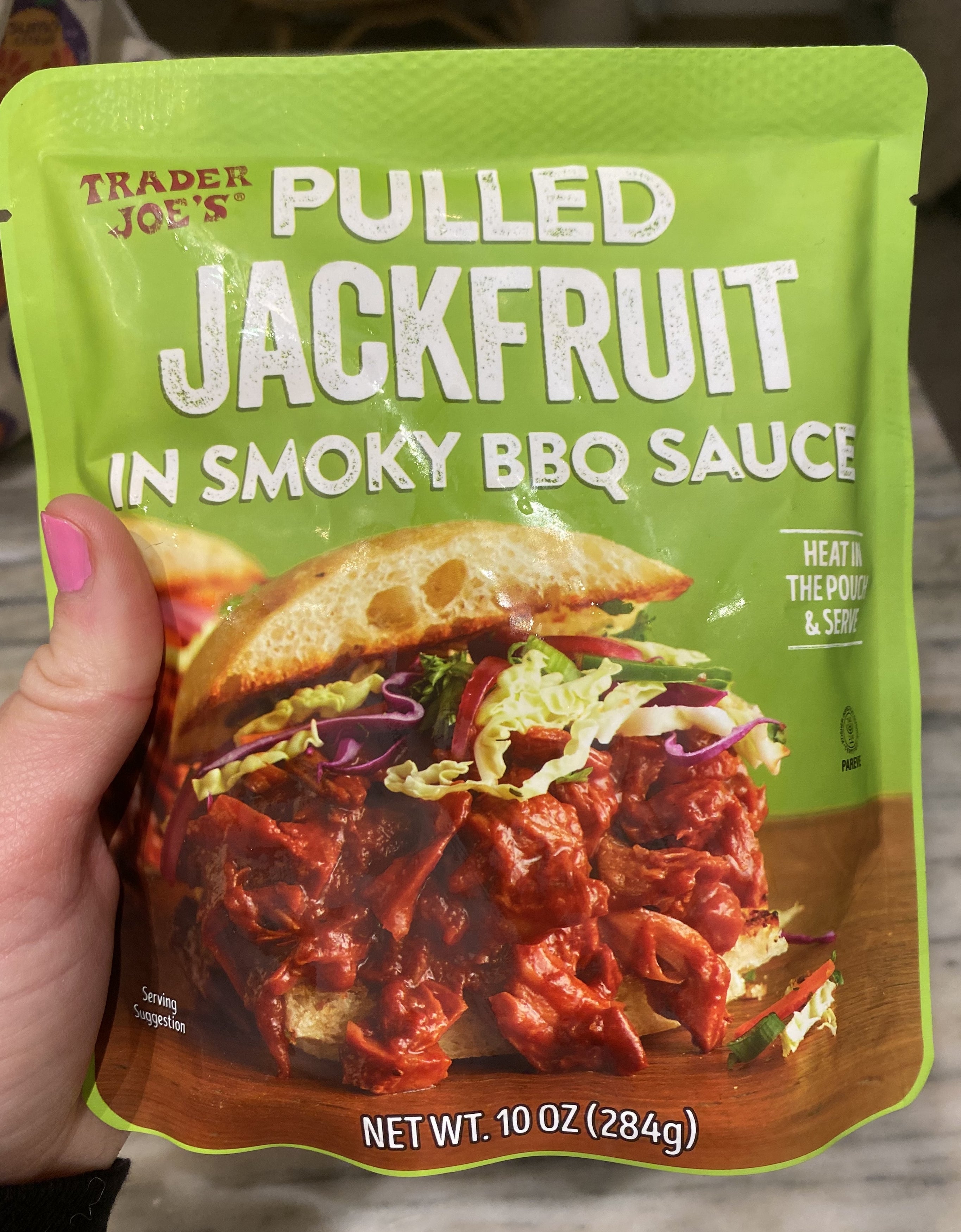 A pouch of Trader Joe&#x27;s BBQ jackfruit.