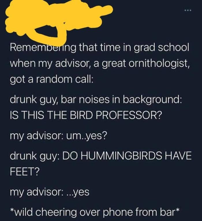 person who calls a bird doctor from a bar to find out if hummingbirds have feet