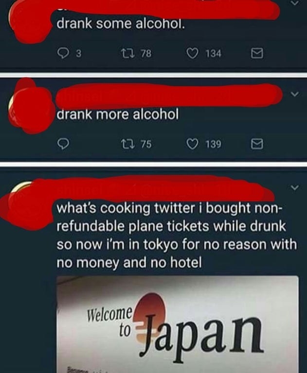 drunk person who buys a ticket to Japan on a whim