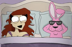 a woman very excited to be in bed with the energizer bunny