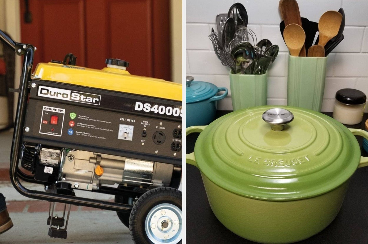 A black and yellow portable generator being wheeled by an individual wearing blue jeans and brown shoes