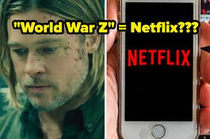Bratt Pitt, with shoulder length hair, looks down with scrapes on the side of his face and a hand holds a cell phone with the Netflix logo on it.