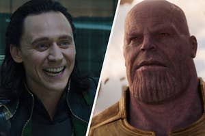 Loki grins evilly showing off his teeth while Thanos looks seriously off into the distance.