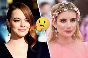 On the left, Emma Stone, and on the right, Emma Roberts with a thinking face emoji in the middle