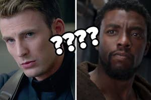 Steve Rogers looks up sternly while T'Challa looks appreciatively while standing in a dark tunnel.