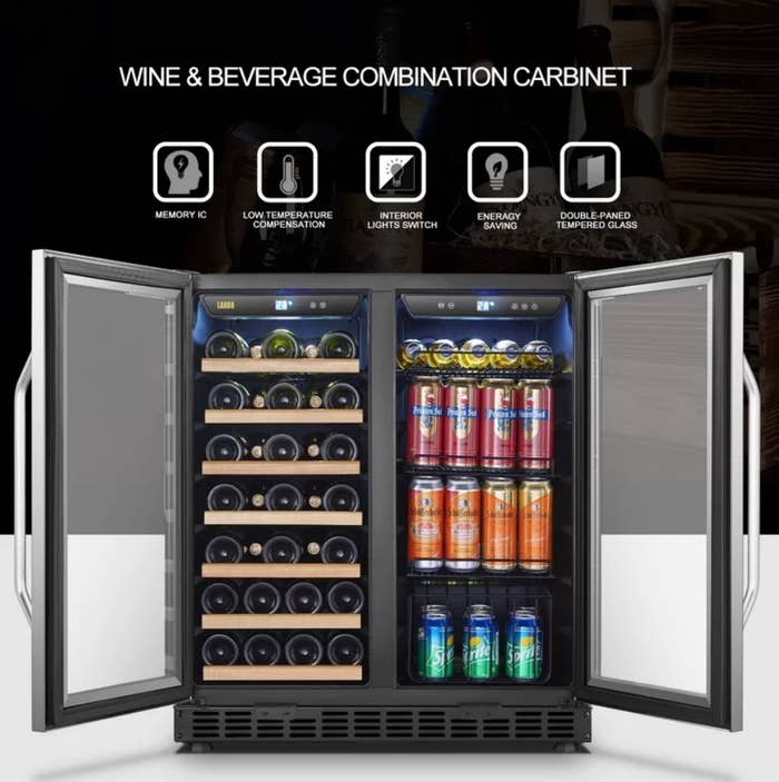 A freestanding wine and beverage fridge filled with bottles of wine, cans of Sprite, and cans of beer