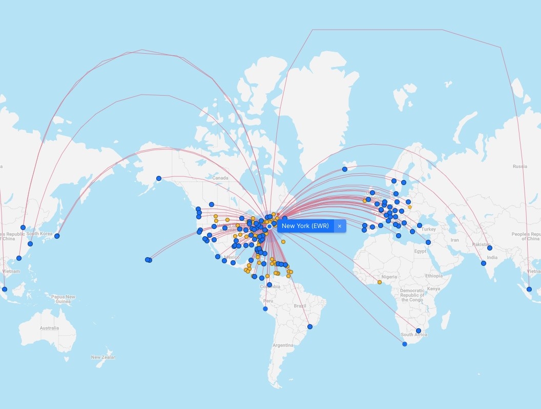 Screenshot of direct flights from Newark, New Jersey