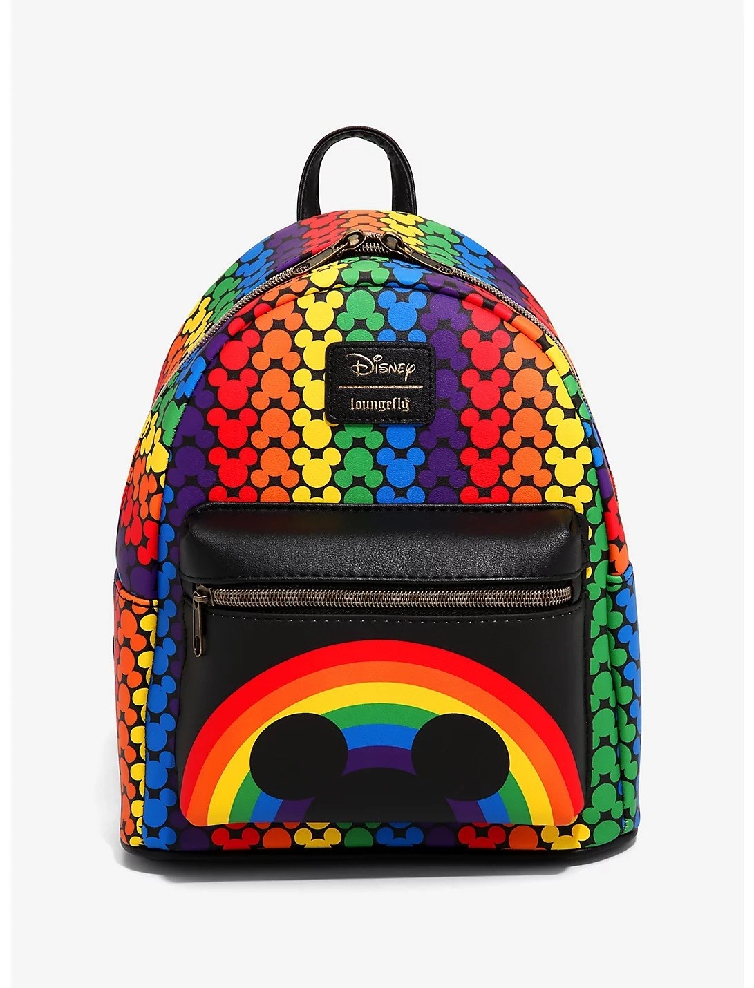 A mini backpack with allover mickey head shape print in rainbow colors