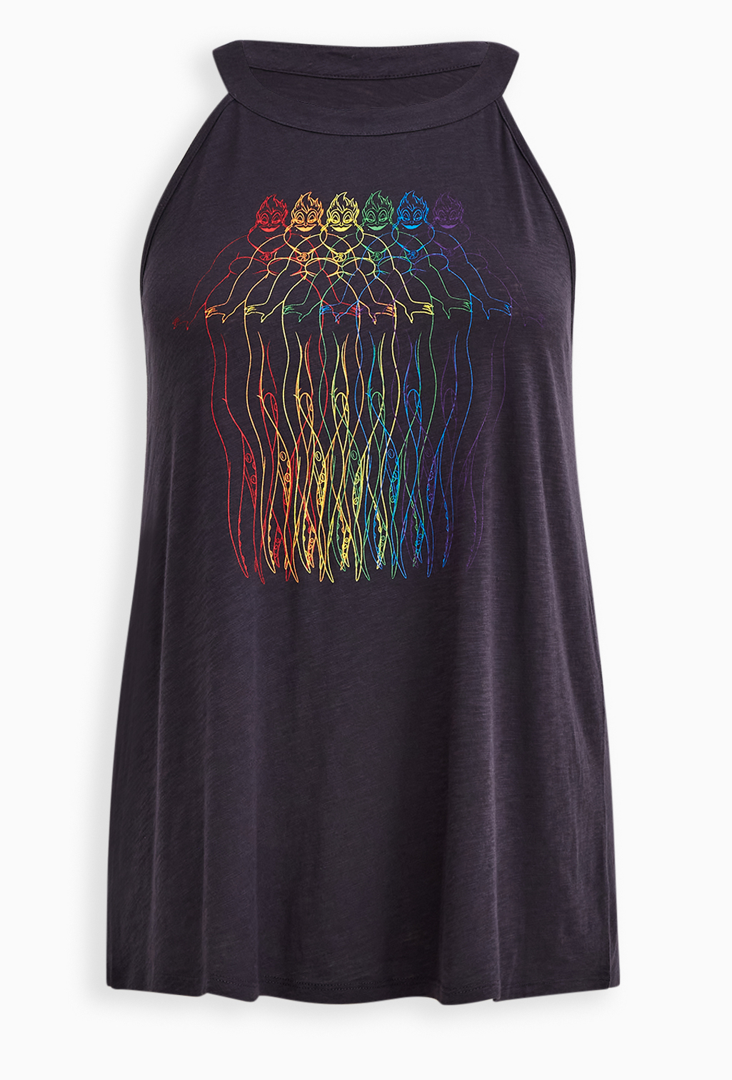 A long high-neck tank top with a print of Ursula in outline format in rainbow colors