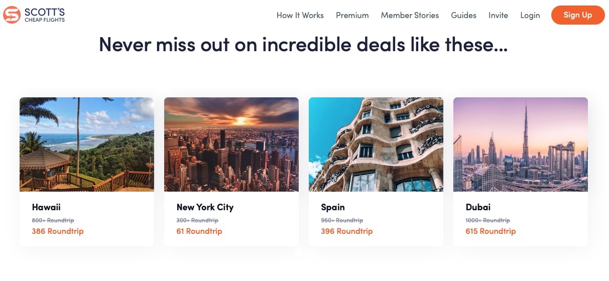 Screenshot of great travel deals