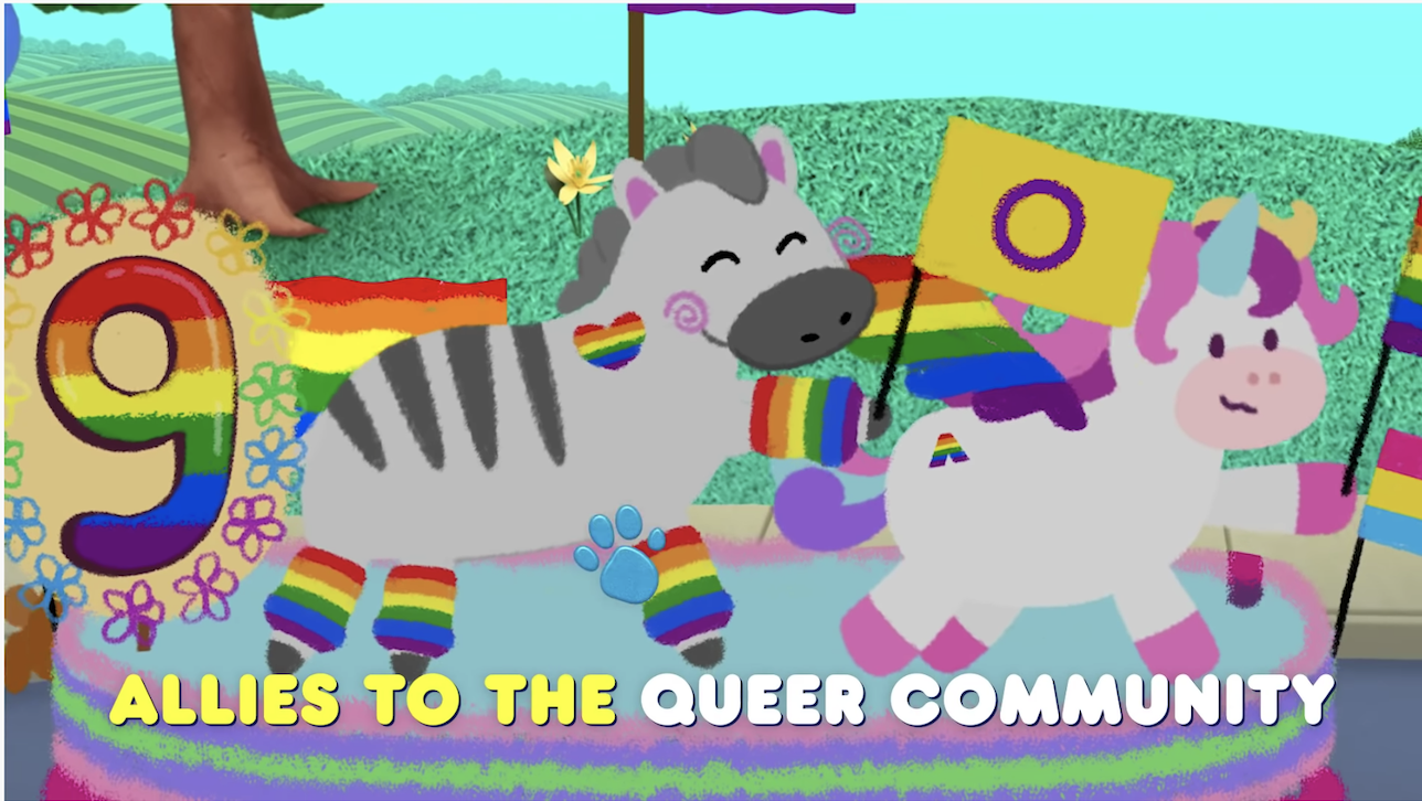 Cartoon allies on a Pride float