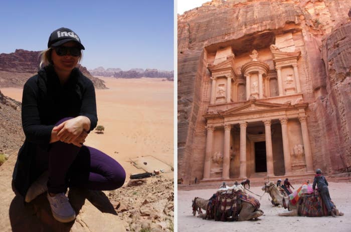 Woman in the desert and camels in front of Petra