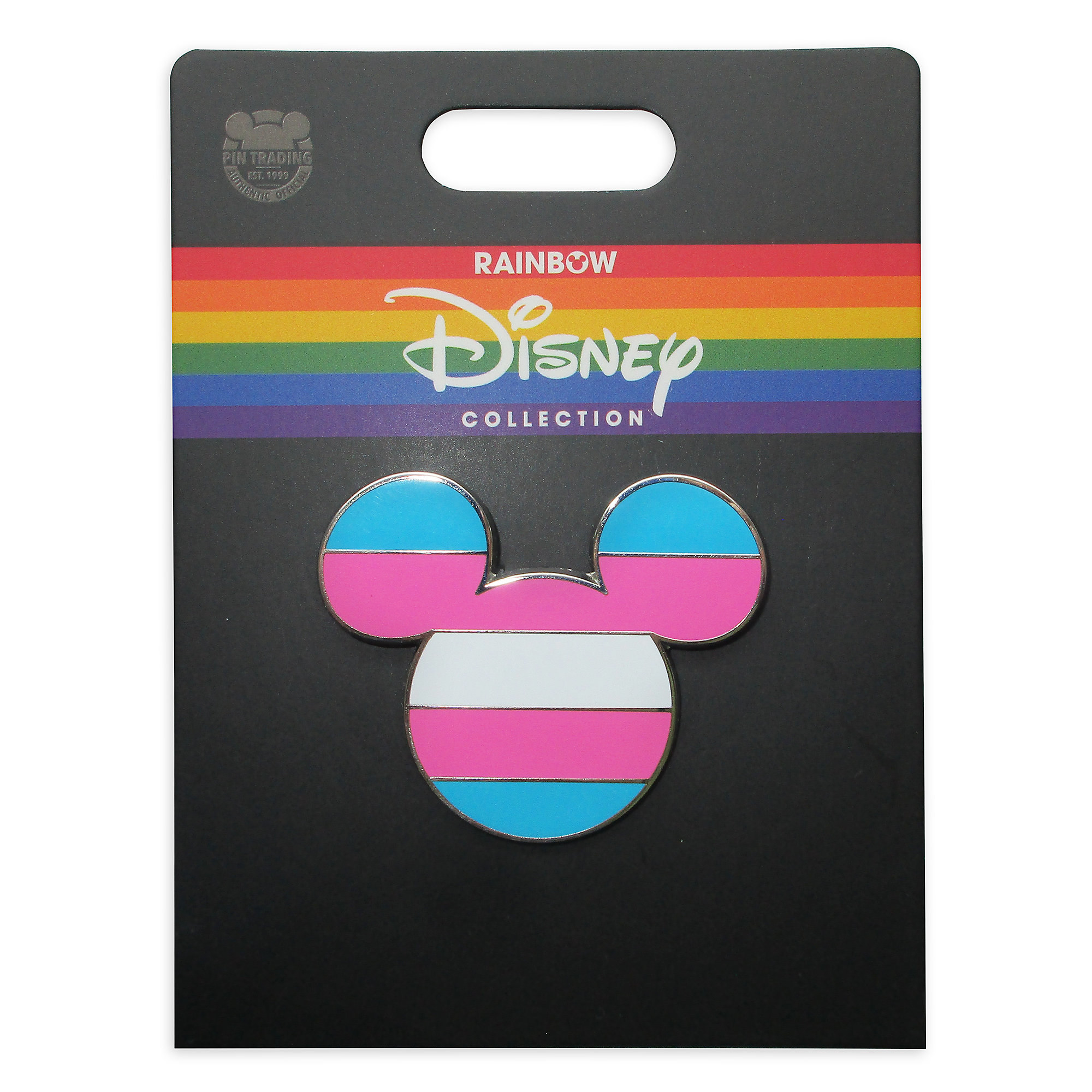 A mickey head shaped lapel pin with the transgender flag colors