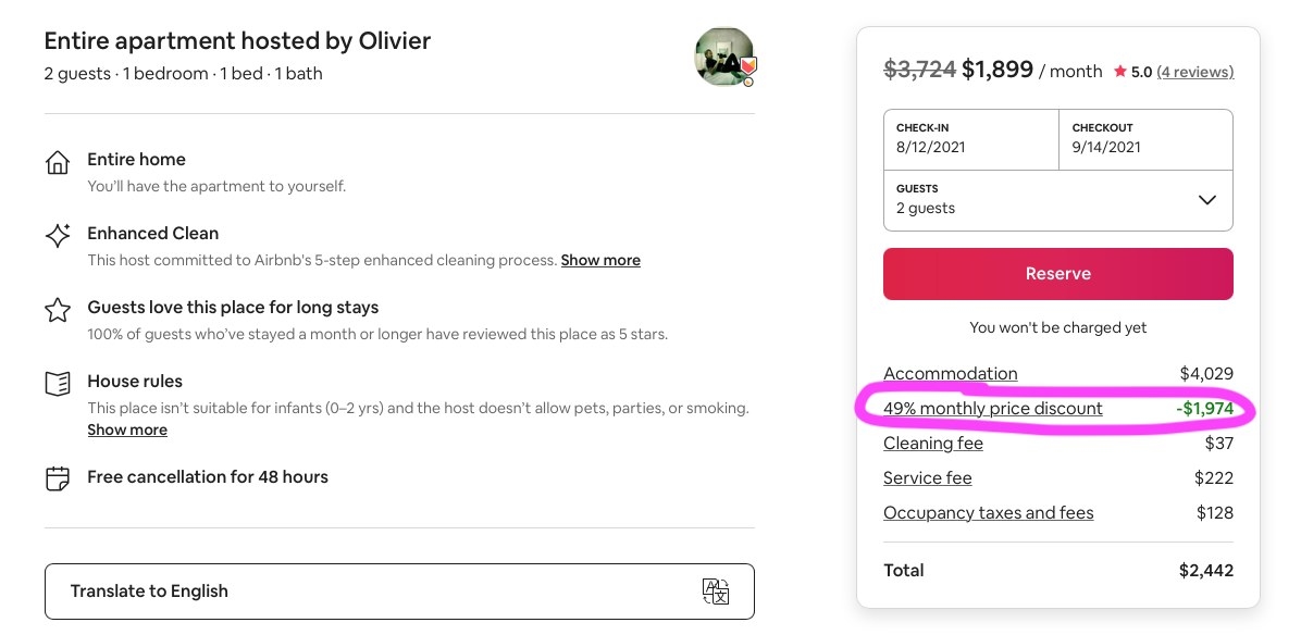 Screenshot of Paris Airbnb with a 49% monthly discount