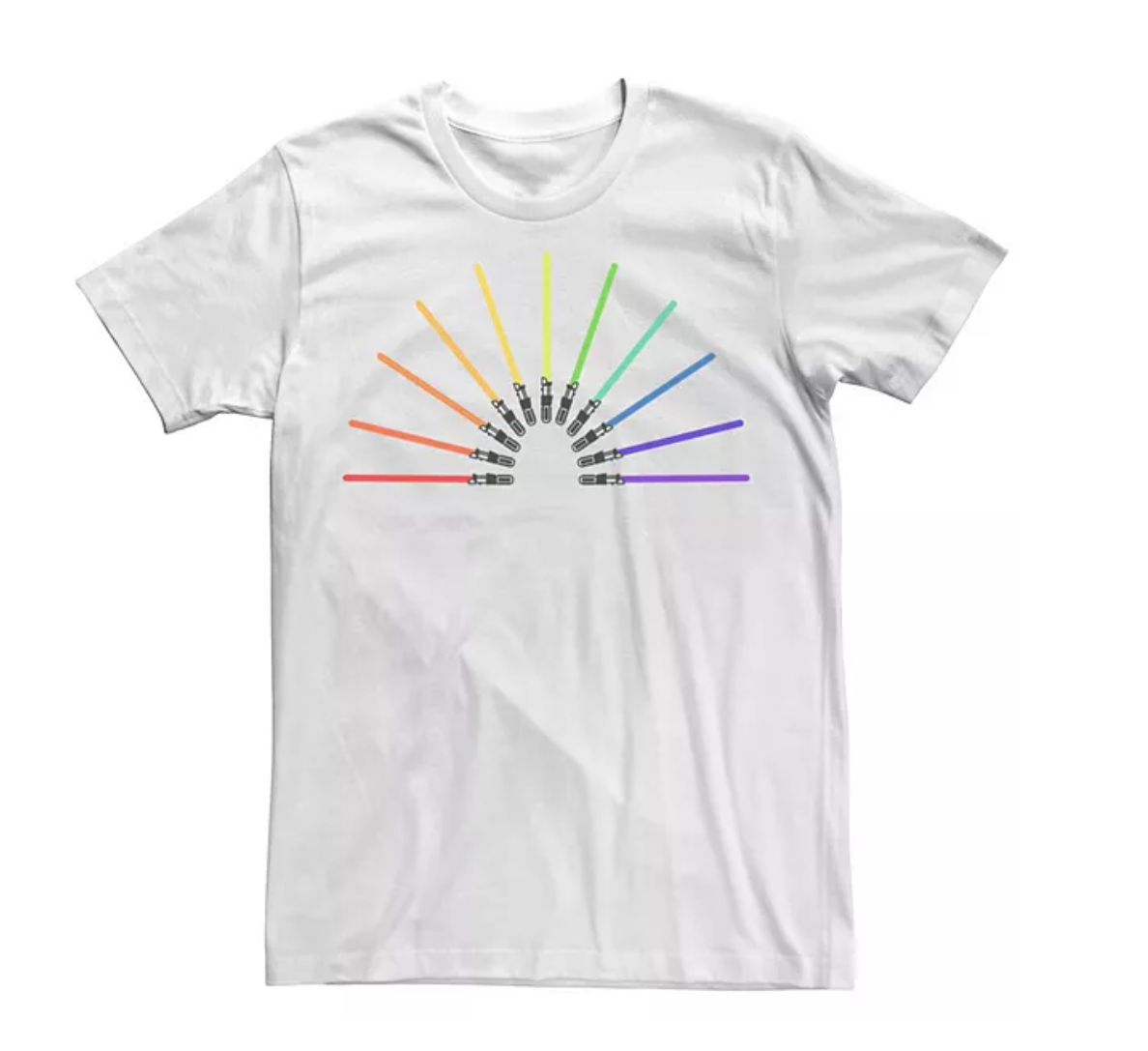A short sleeve crewneck shirt with lightsabers in each color of the rainbow on it