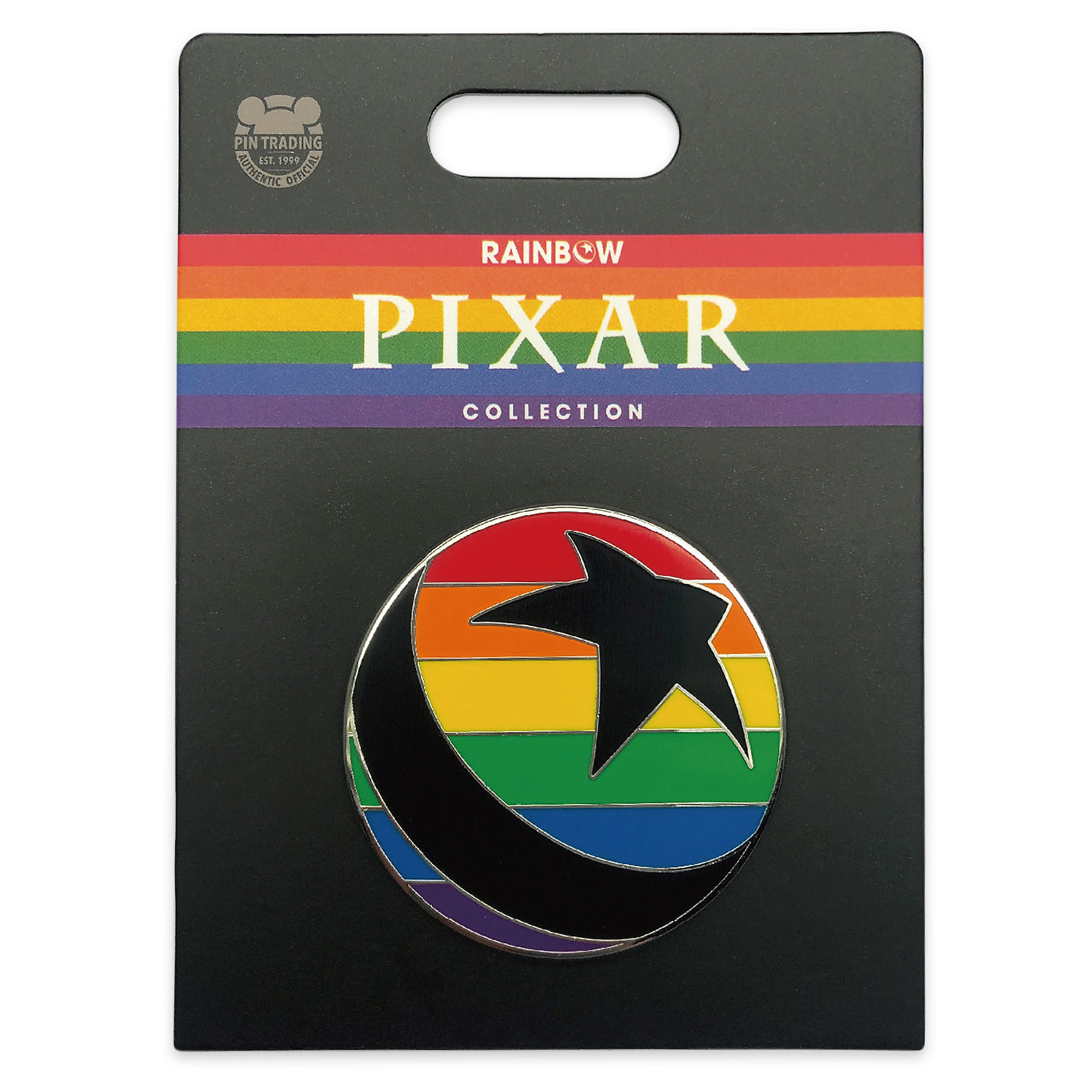 An enamel lapel pin with the Pixar bouncy ball in rainbow coloring