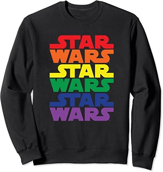 A long sleeve crewneck sweatshirt with the star wars logo printed multiple times in alternating rainbow colors