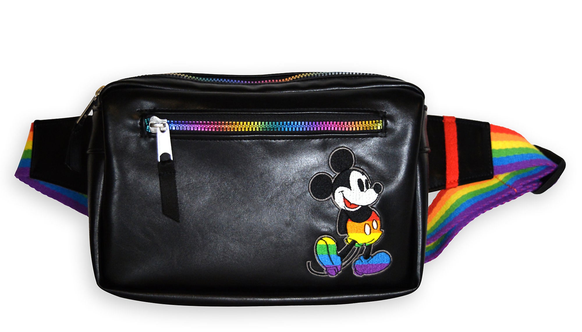 A black faux leather fanny pack with mickey sewn on the front and a rainbow waist band