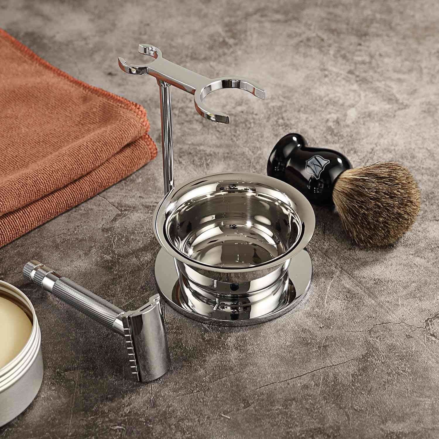 the shaving kit on a counter