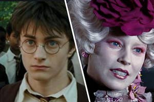 Harry Potter stares angrily from behind his round glasses and Effie Trinket, wearing a giant flower head piece and matching suit, leans into a microphone.
