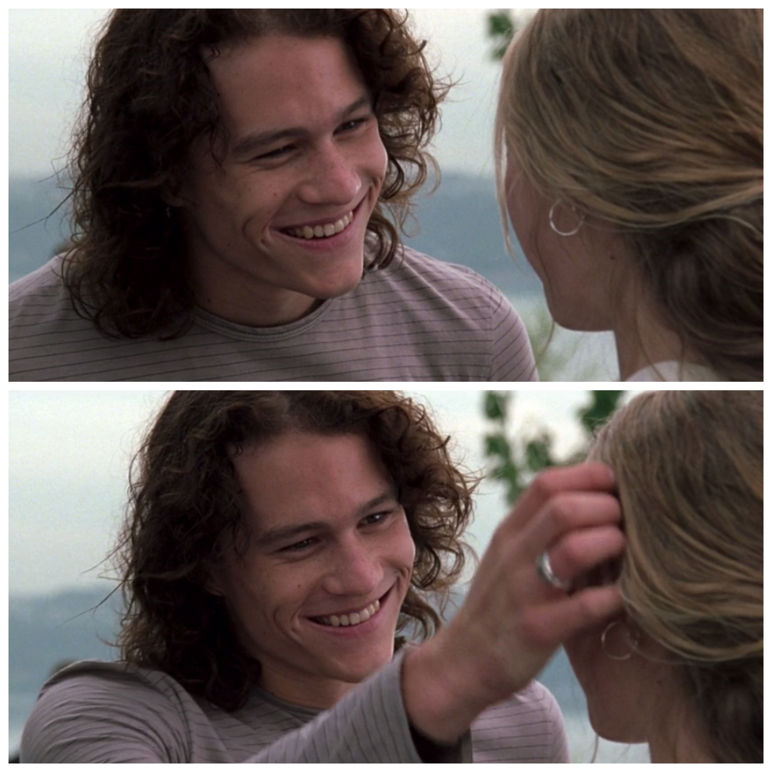 Heath Ledger in 10 Things I Hate About You smiling at Kat and gently caressing her hair