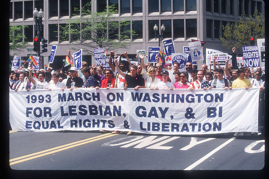Participants carry a banner during the Gay Rights March April 25, 1993, in Washington, DC