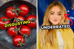 On the left, some tomatoes in a bowl labeled "disgusting," and on the right, Sabrina Carpenter with an arrow pointing to her face and "underrated" typed under her chin