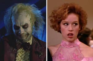beetlejuice on the left and molly ringwald in pretty in pink on the right