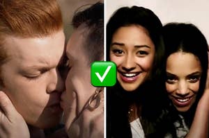 Two "Shameless" characters are on the left kissing with two women on the right in a photo booth