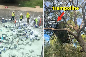Construction workers standing in the middle of the with gallons of paint spilt on the ground around them and a trampoline in a tree